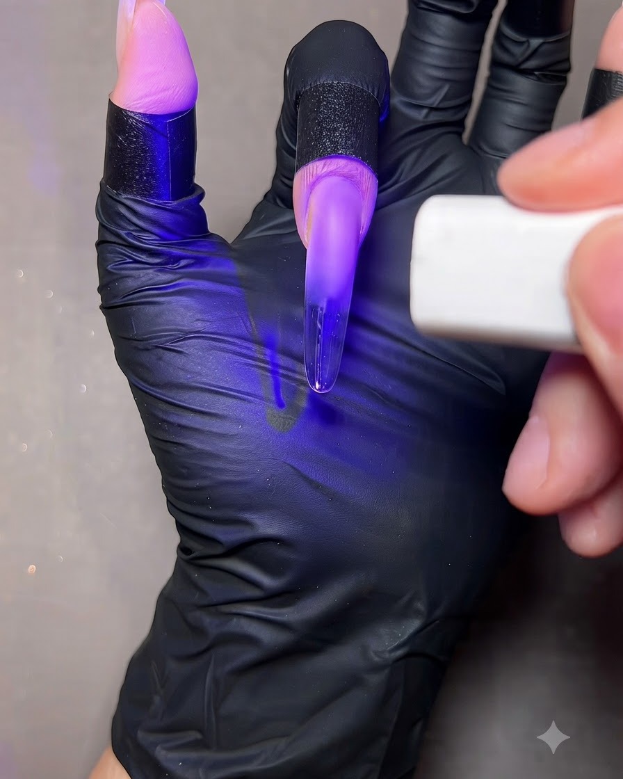 Un doigt avec une extension dongle transparente placé sous la lumière violette dune lampe UV/LED portable.