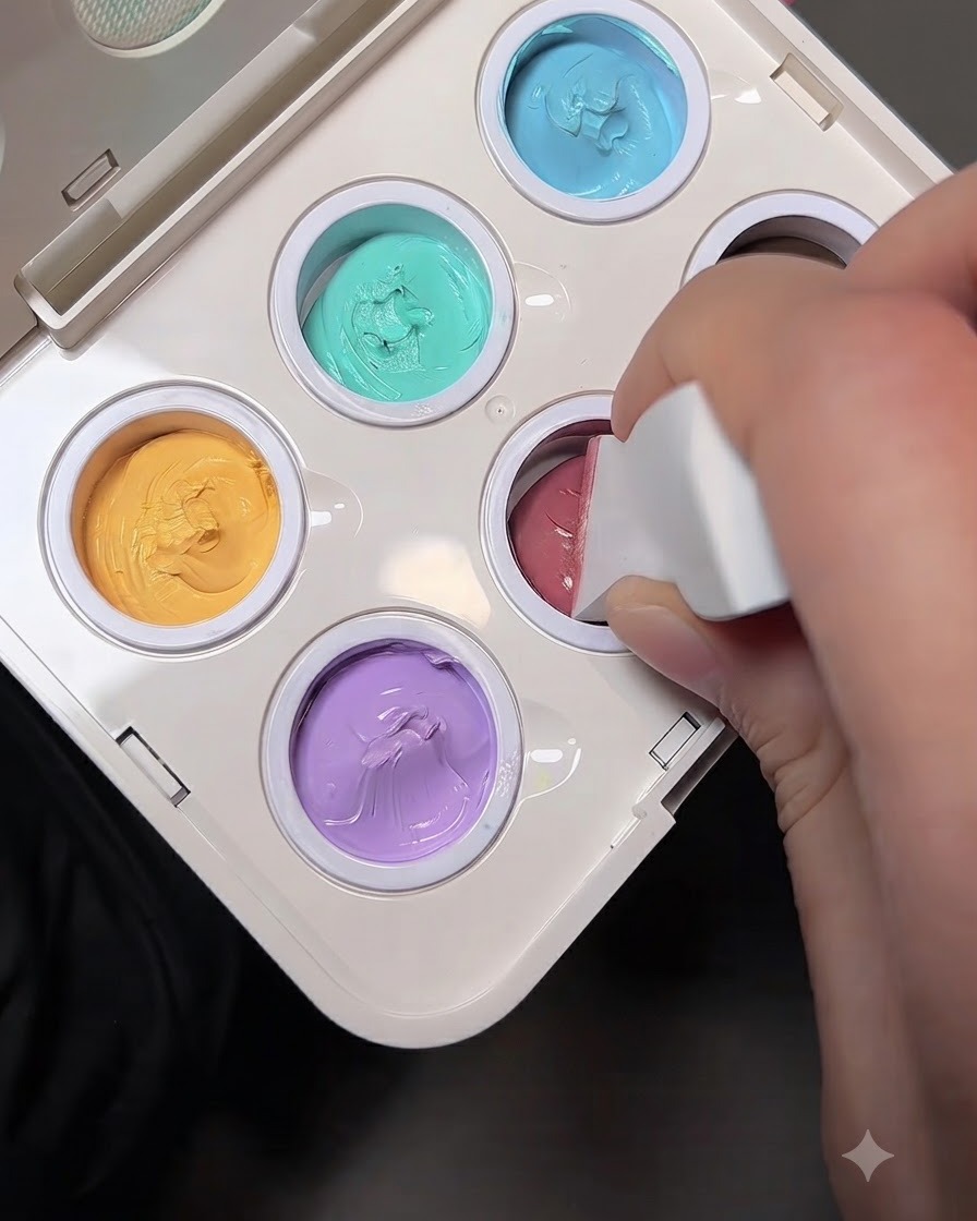 Une éponge de maquillage en triangle blanche pressée dans un petit godet de gel de couleur pêche sur une palette de mélange.