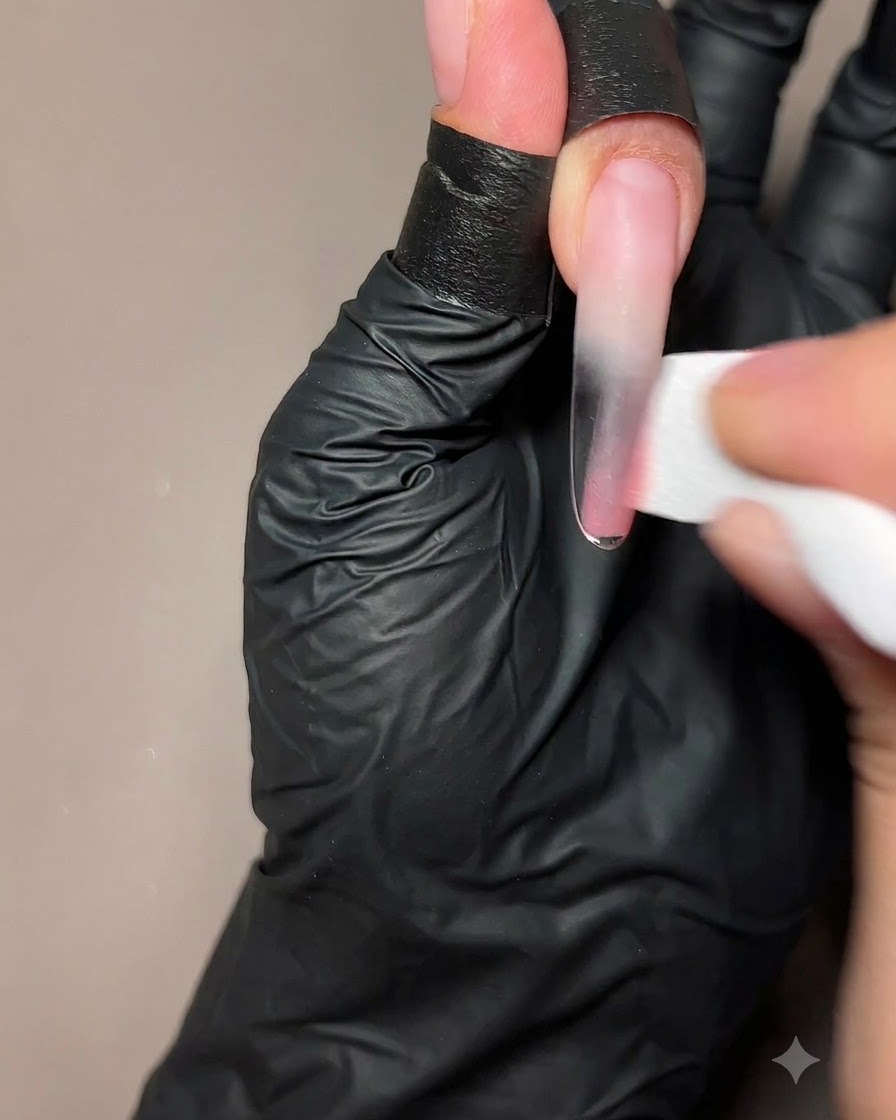 Une main utilisant une éponge de maquillage pour tamponner un gel pêche diaphane sur la moitié inférieure dune longue extension dongle.