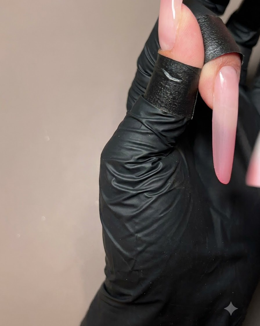 Un doigt ganté montrant une couche dombré dégradé pêche appliquée sur une longue extension dongle.