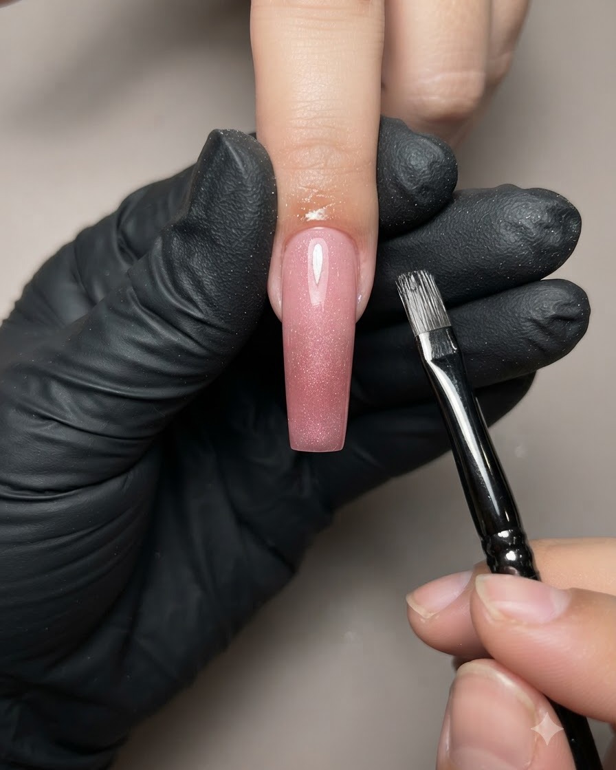 Un outil magnétique tenu près dun ongle manucuré pour façonner les pigments du gel œil de chat.