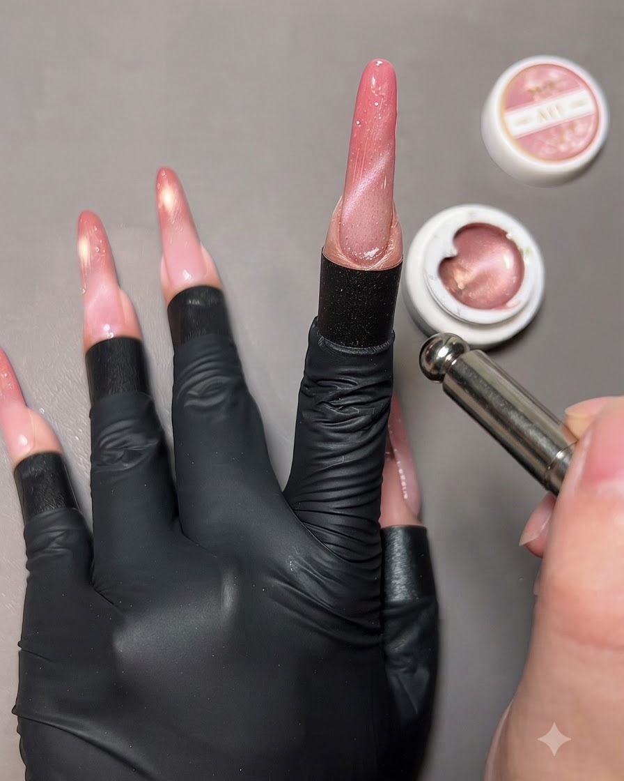 Un outil magnétique tenu près dune main avec des ongles en gel œil de chat terminés, entouré de pots de gel ouverts.