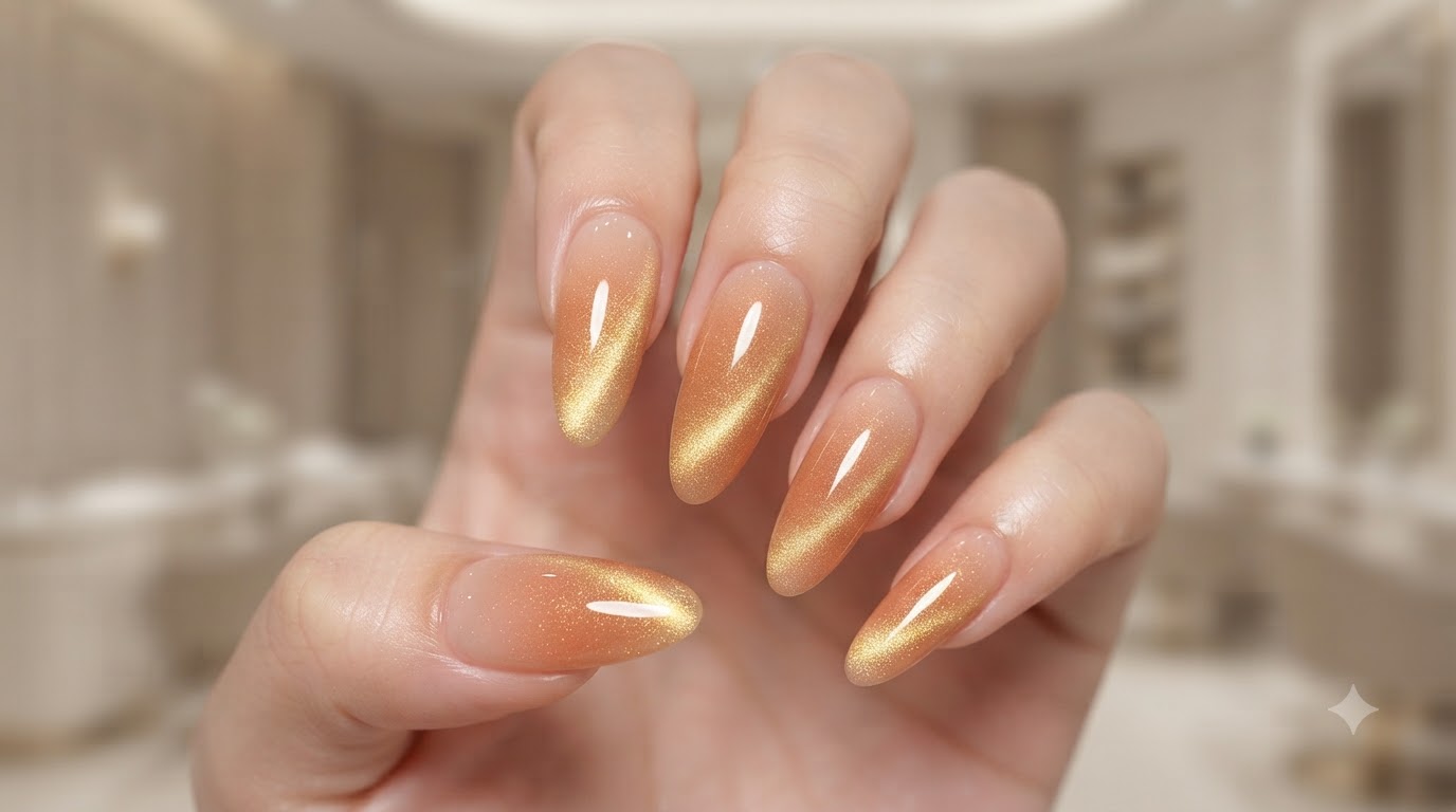 Ongles en Gel Ombré Pêche et Œil de Chat Doré : Tutoriel Pas à Pas