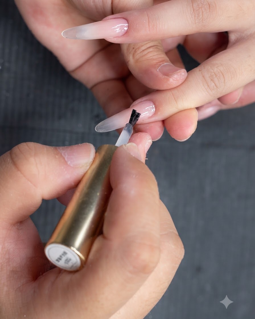 Gros plan dune main appliquant une base nude translucide sur un ongle naturel à laide dun pinceau.