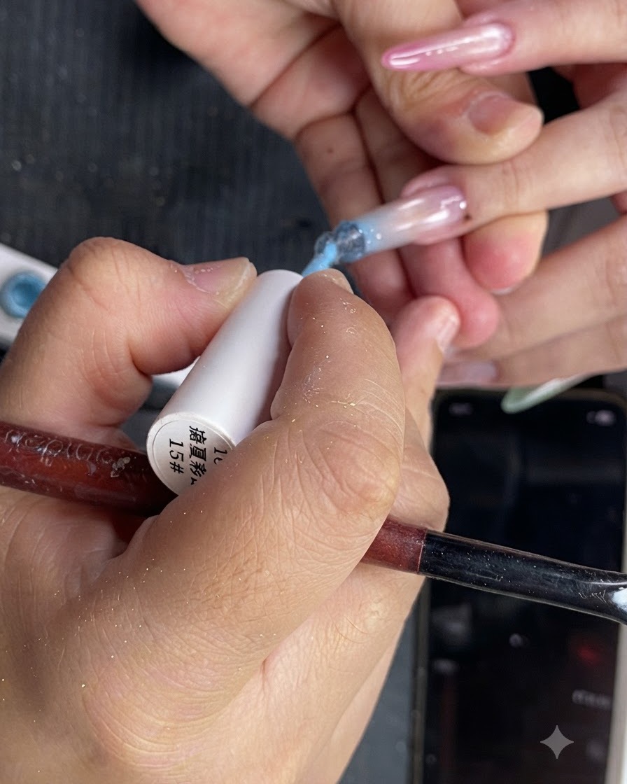 Image rapprochée de lapplication dun vernis gel jaune translucide sur la moitié supérieure de longle de lannulaire.