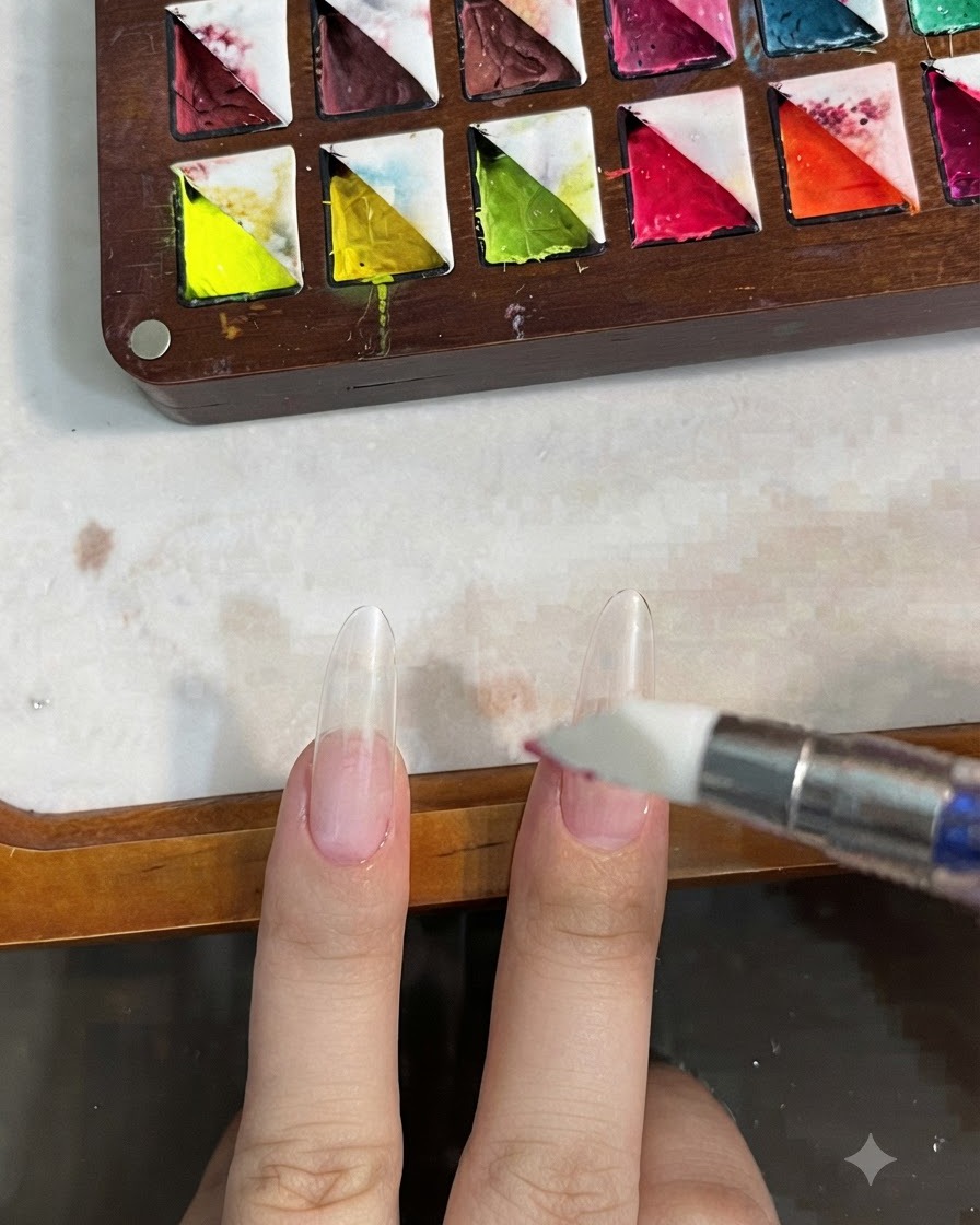 Un pinceau à ongle en silicone appliquant la base gel sur la plaque de longle naturel.