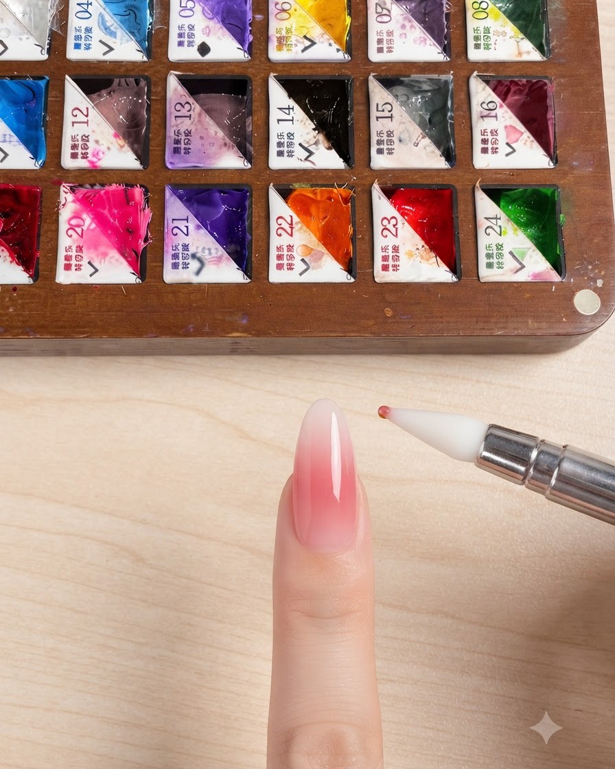 Un outil en silicone appliquant un petit point de gel jaune sur le bout dun ongle en amande doté dune base rose blush.