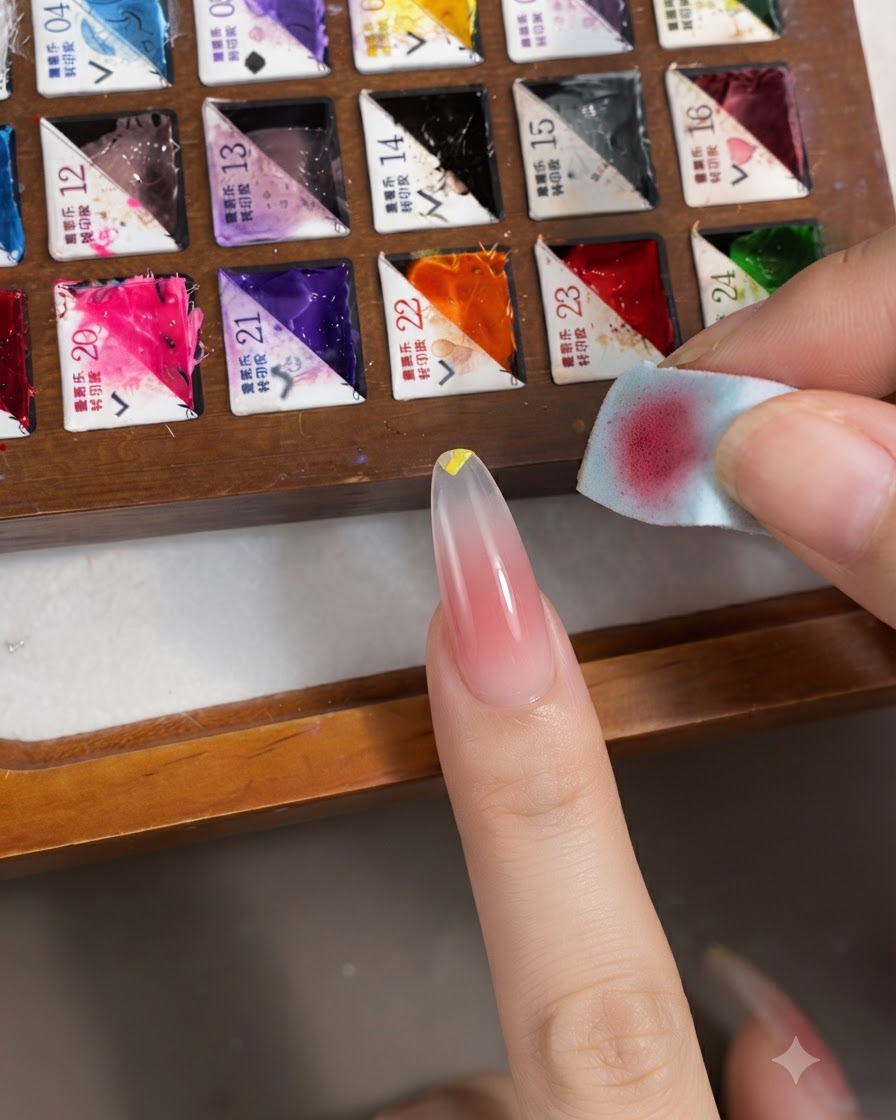 Une main tenant un petit morceau déponge cosmétique, tapotant légèrement le gel jaune sur le bout de longle pour le fondre dans la base rose.