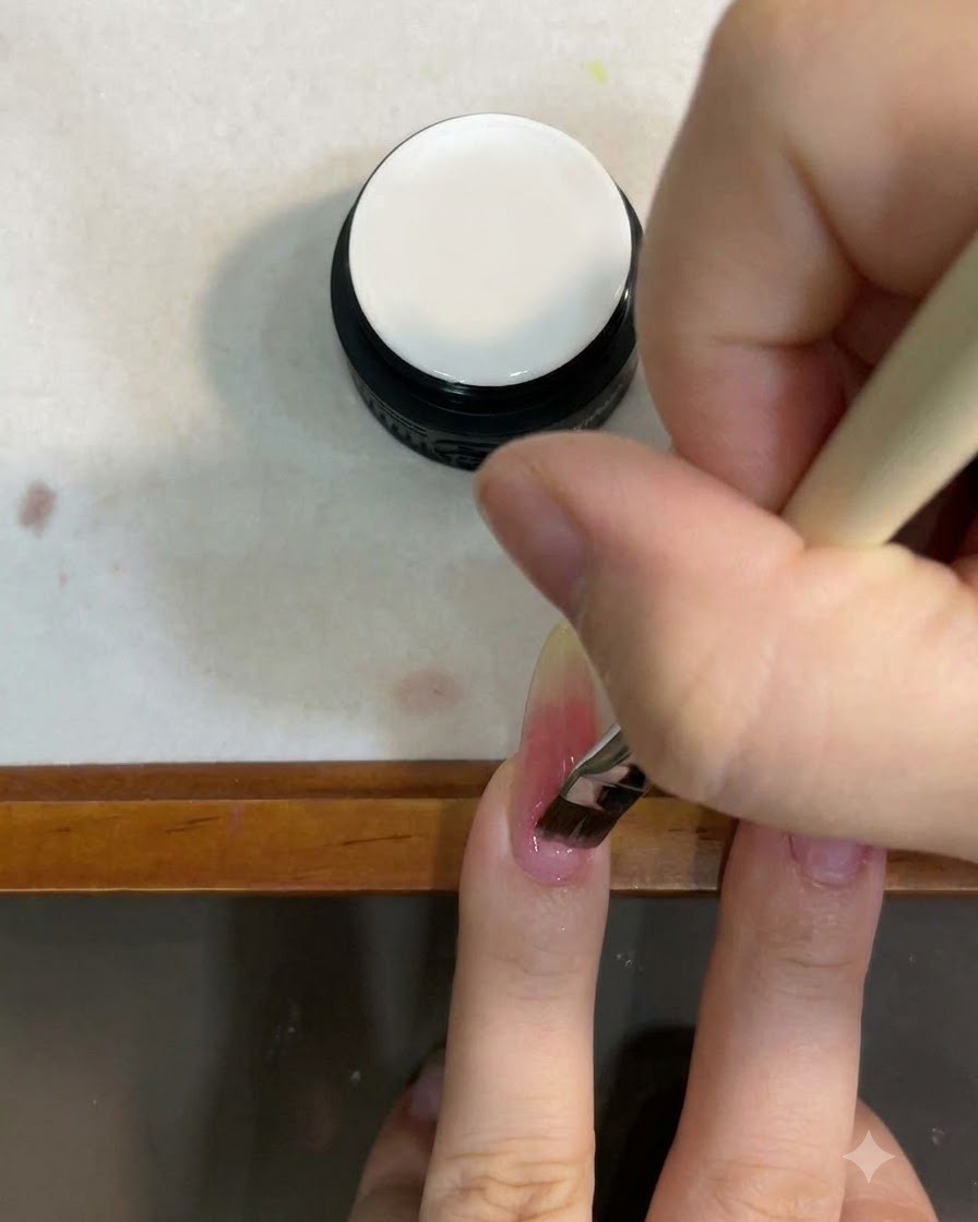 Un pinceau appliquant une couche de gel cat eye blanc laiteux par-dessus un ongle en dégradé.
