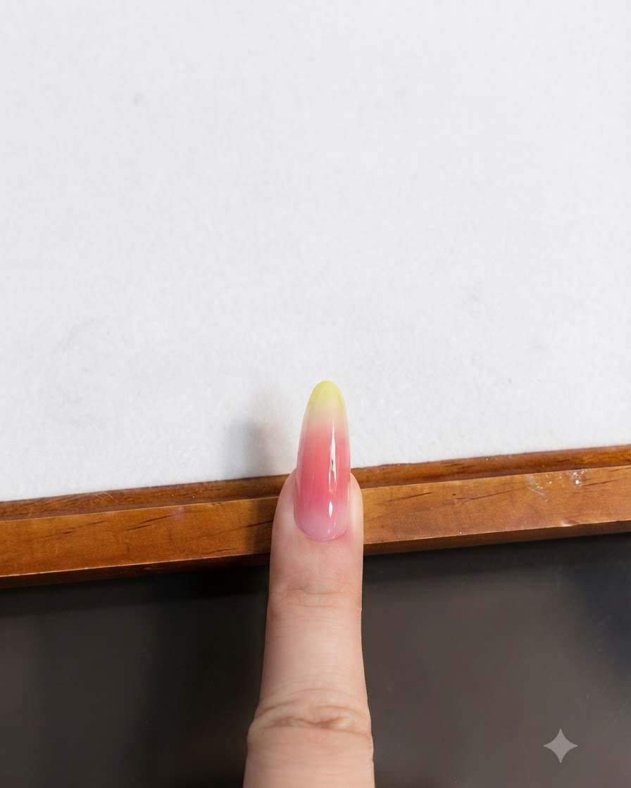 Un doigt manucuré positionné sous une lampe à ongle pour catalyser la couche cat eye.