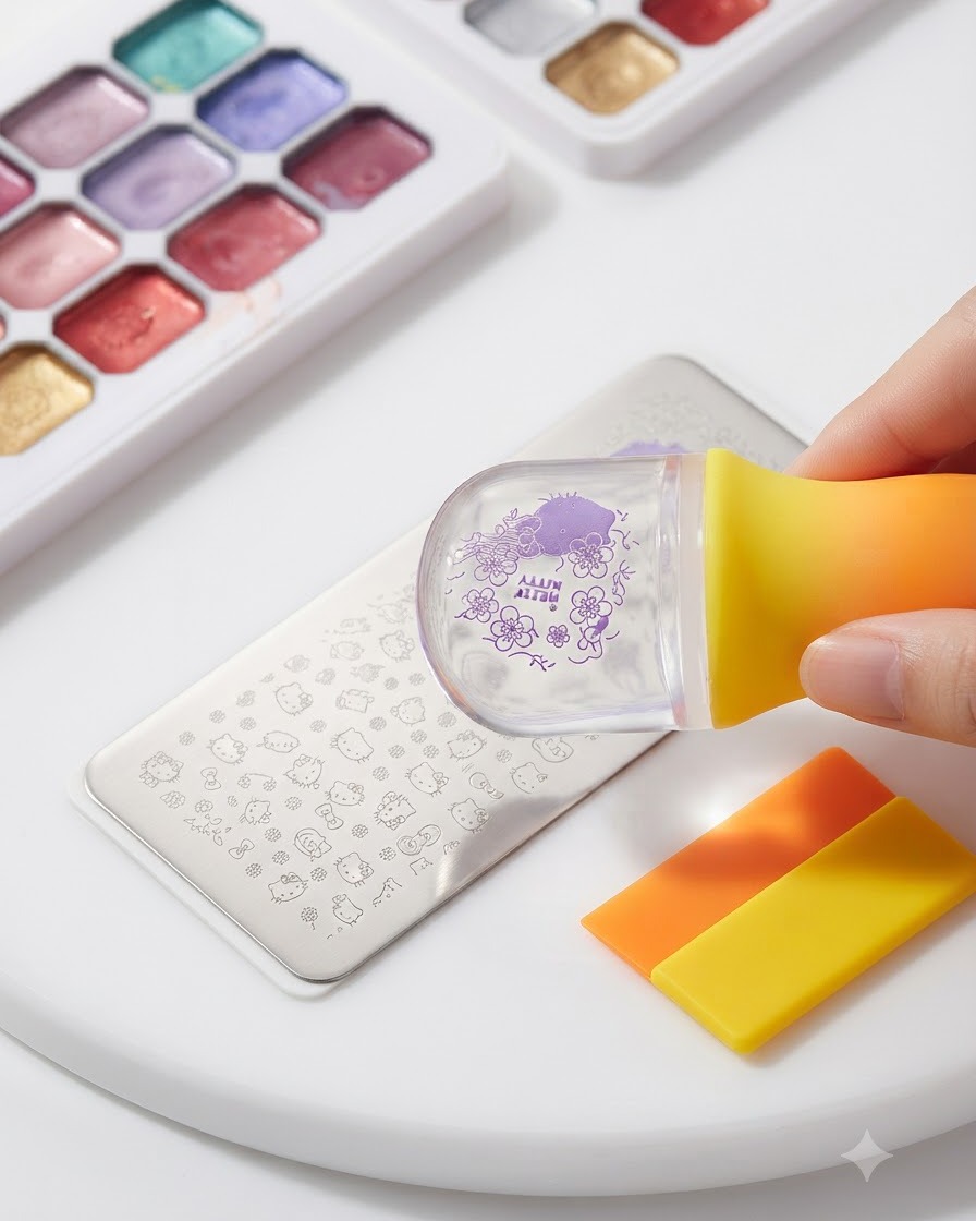 Une carte raclette orange essuyant lexcès de gel violet à plat sur une plaque de stamping en métal.