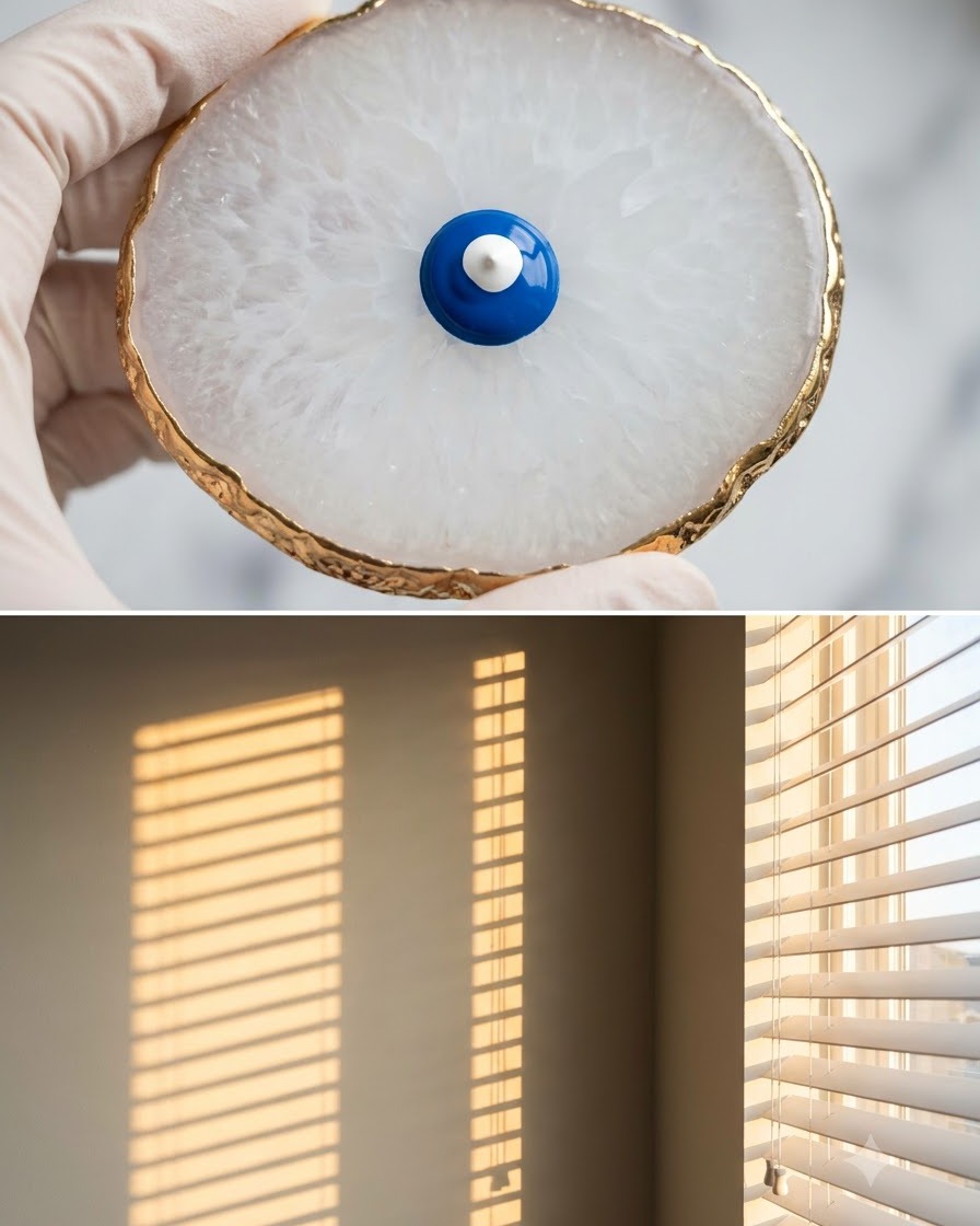 Un outil à bouts rond disposé sur une palette de mélange avec une noisette de gel bleu et une goutte de gel blanc au centre.