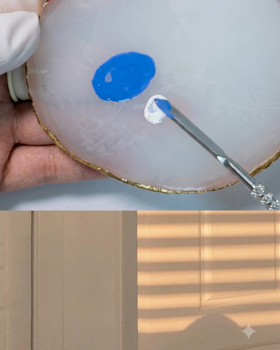 Un outil de mélange combinant du gel blanc frais dans une réserve de vernis bleu sur une palette.