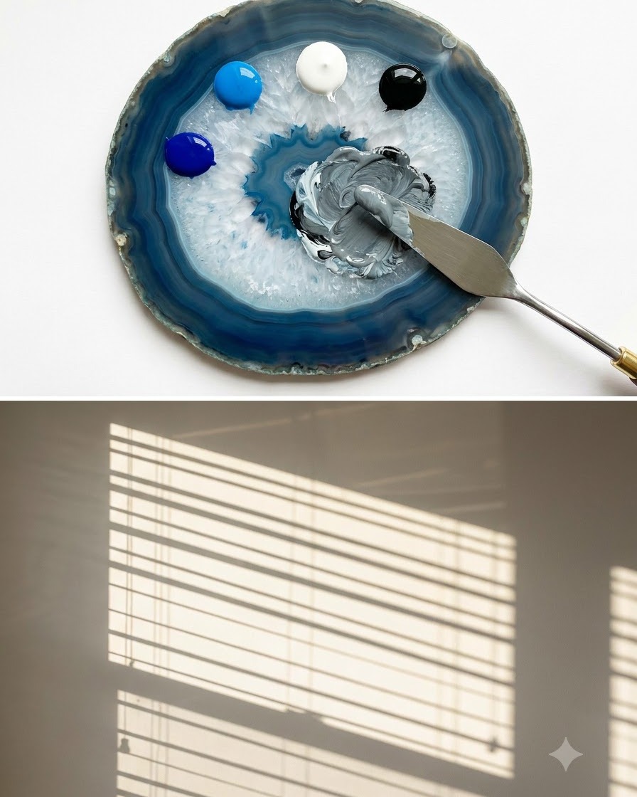 Une spatule mélangeant du gel blanc et noir pour former une teinte gris clair lisse sur une palette en agate bleue.