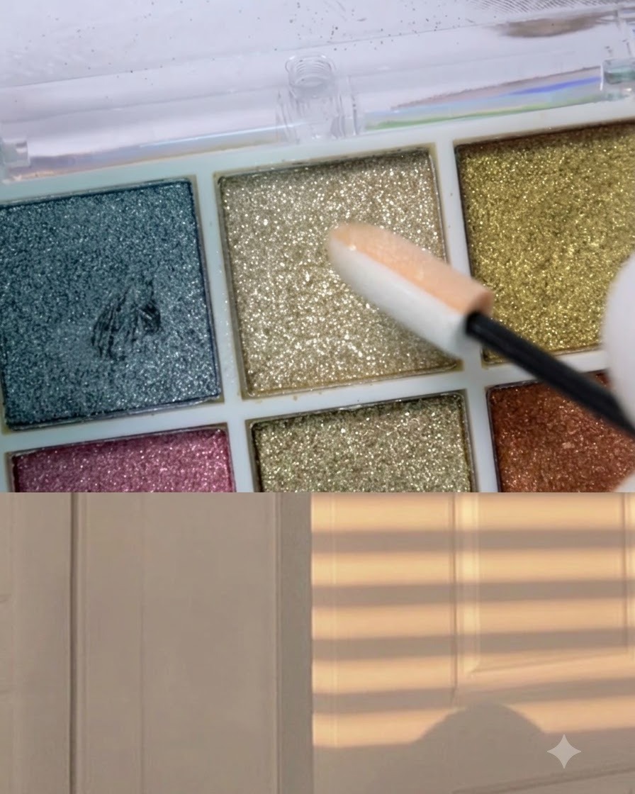 Un applicateur à paupières prélevant de la poudre de chrome or champagne sur une palette de maquillage.