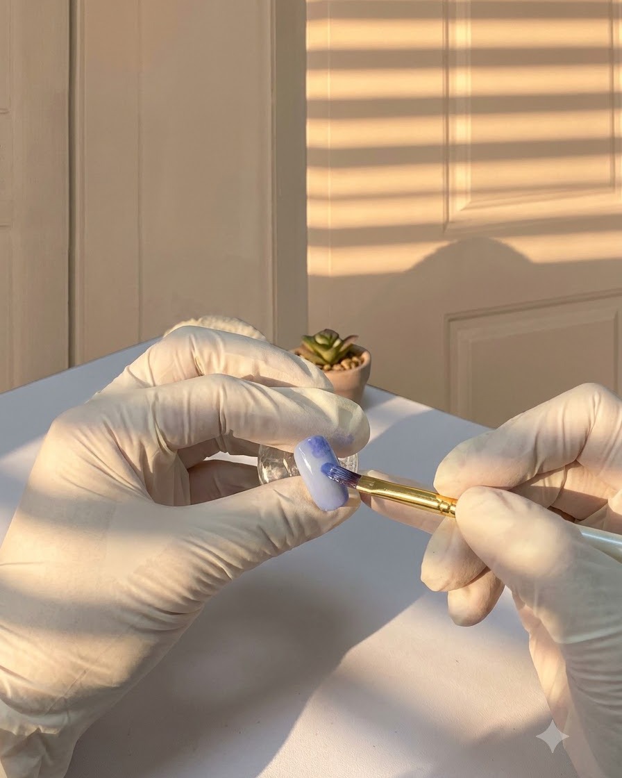 Un pinceau de détail déposant des pigments bleu foncé dans le gel blooming humide sur un ongle.