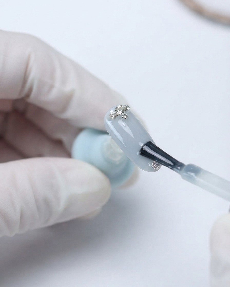Un pinceau appliquant un top coat brillant sur un ongle décoré.