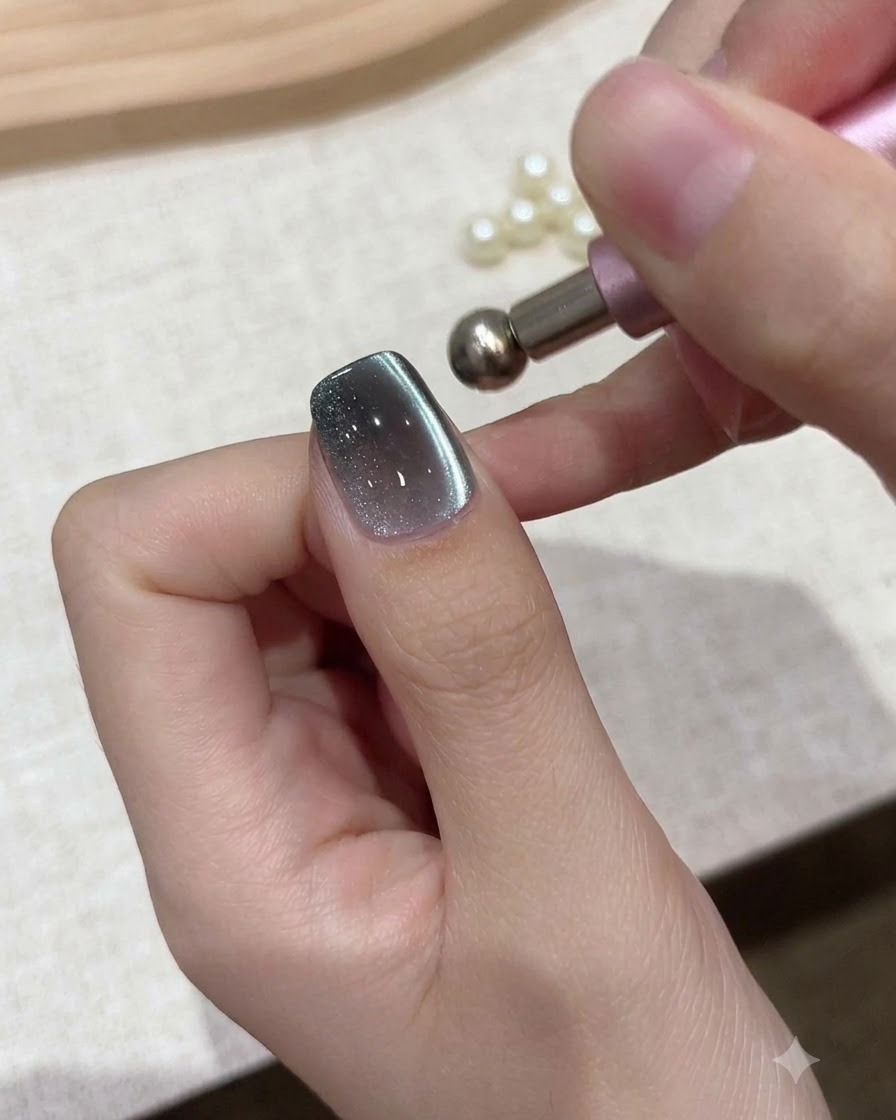 Un petit outil aimanté sphérique tenu près des cuticules dun ongle peint au gel pour déplacer les particules de nacre.