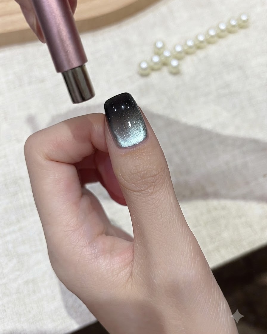 Un aimant cylindrique planant près du bord droit dun ongle peint au gel cat-eye.