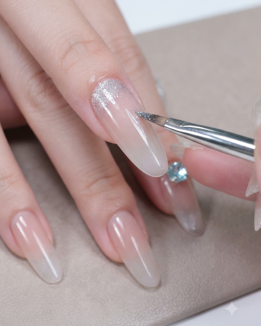 Une photo détaillée dun pinceau à gel appliquant du gel diamant concassé et des sequins argentés près de la zone des cuticules dun ongle.
