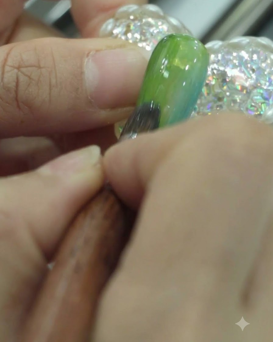 Un pinceau ajoutant une seconde couche de vernis gel vert foncé sur le côté gauche dun ongle en dégradé.