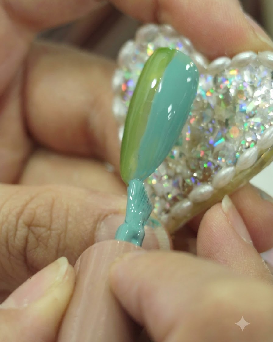 Gros plan dun pinceau à ongles appliquant du vernis gel teal juste à côté de la section verte sur la surface de longle.