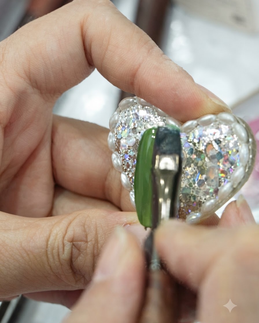 Gros plan détaillé montrant un pinceau destompage doux lissant délicatement la transition entre une couche de gel bleu profond et vert vibrant sur un faux ongle.