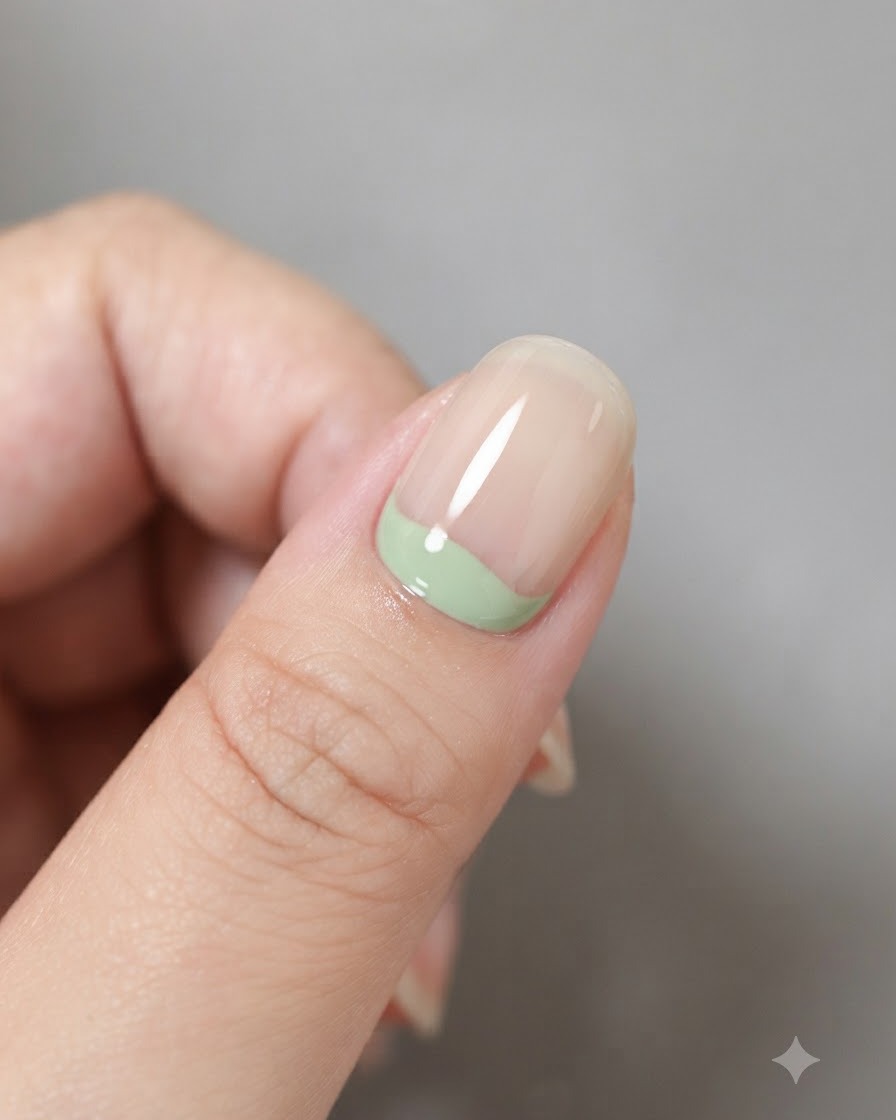 Gros plan dun onglet avec une bande incurvée de gel vert laiteux appliquée sur la zone des cuticules.
