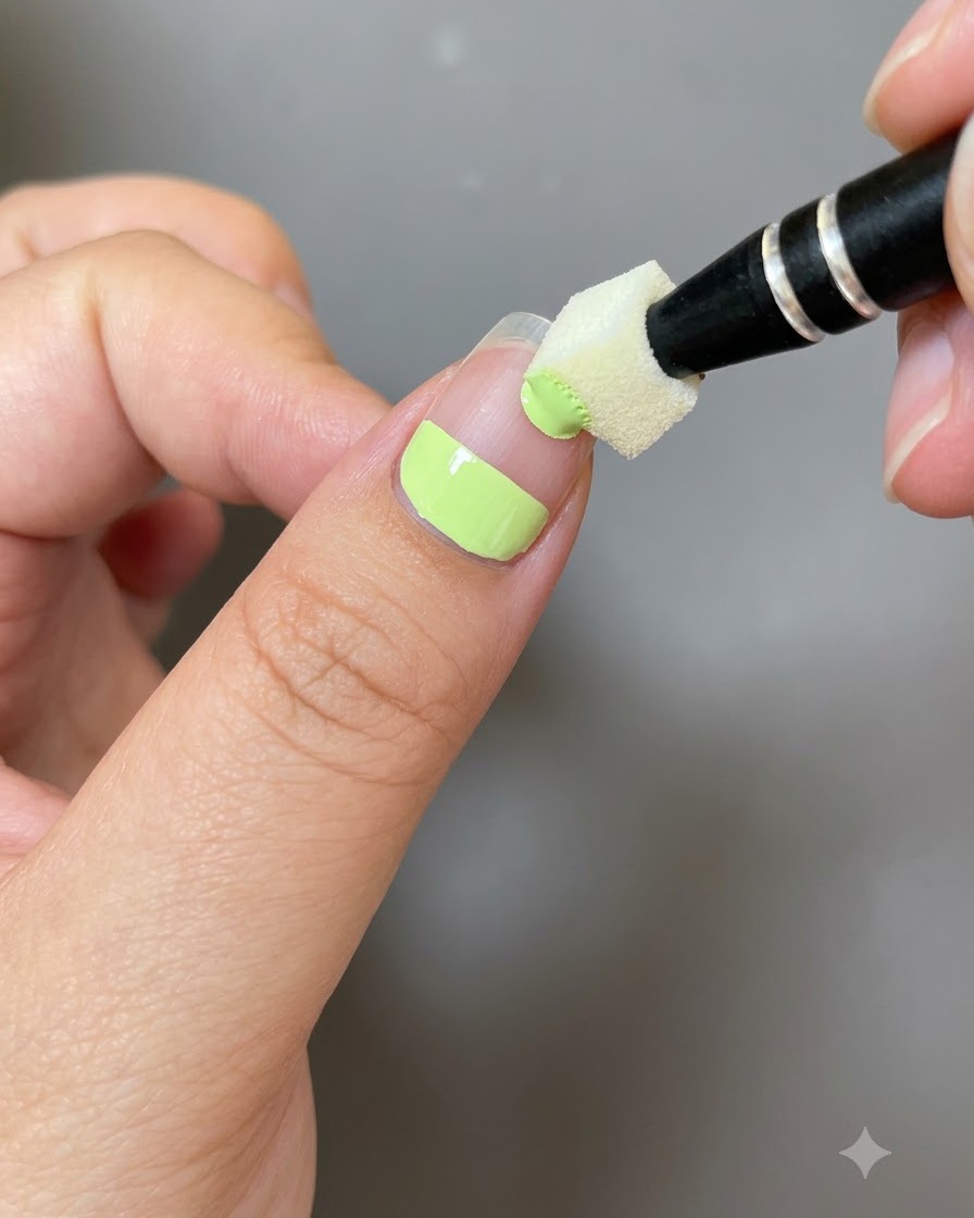 Un petit outil en éponge tapotant le bord du gel vert sur un ongle.