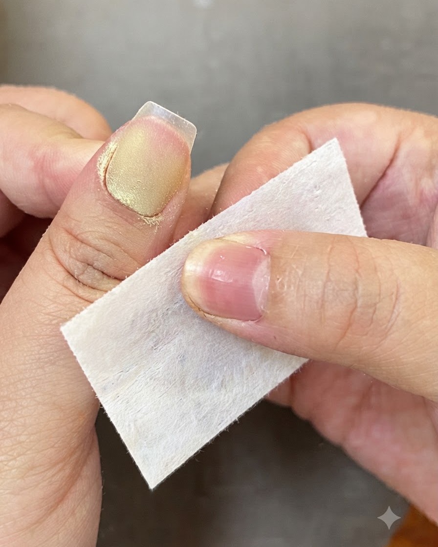 Une lingette nettoyante non pelucheuse nettoyant le contour de la cuticule dun ongle préparé.