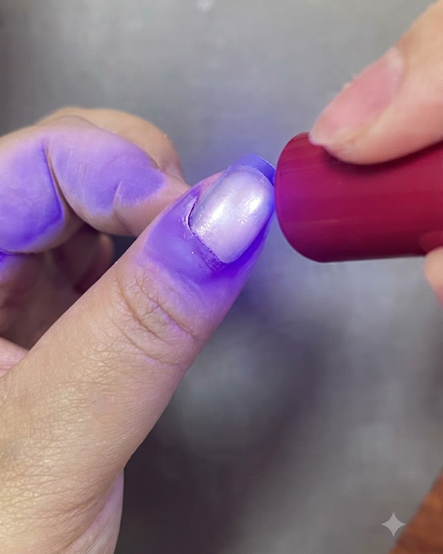 Un ongle en train de catalyser sous la lumière violette dune lampe à ongles UV.
