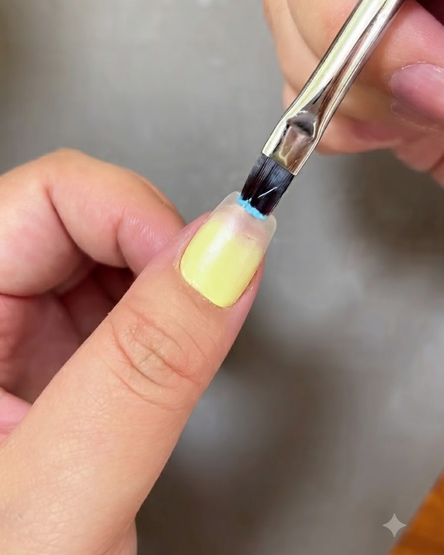Un pinceau à nail art appliquant du gel bleu clair sur le bout dun ongle.