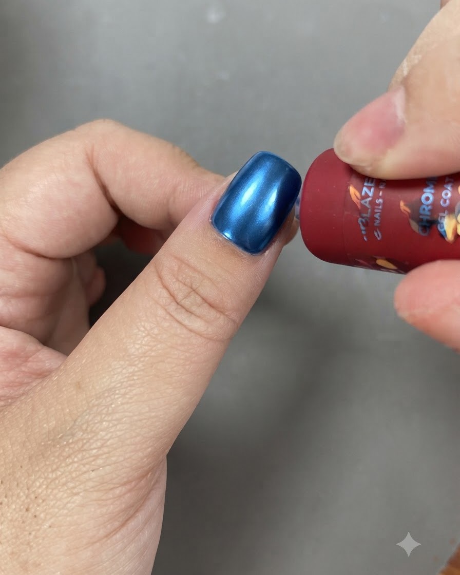 Un pinceau à gel appliquant un vernis cat eye scintillant sur un fond dégradé sur un ongle.