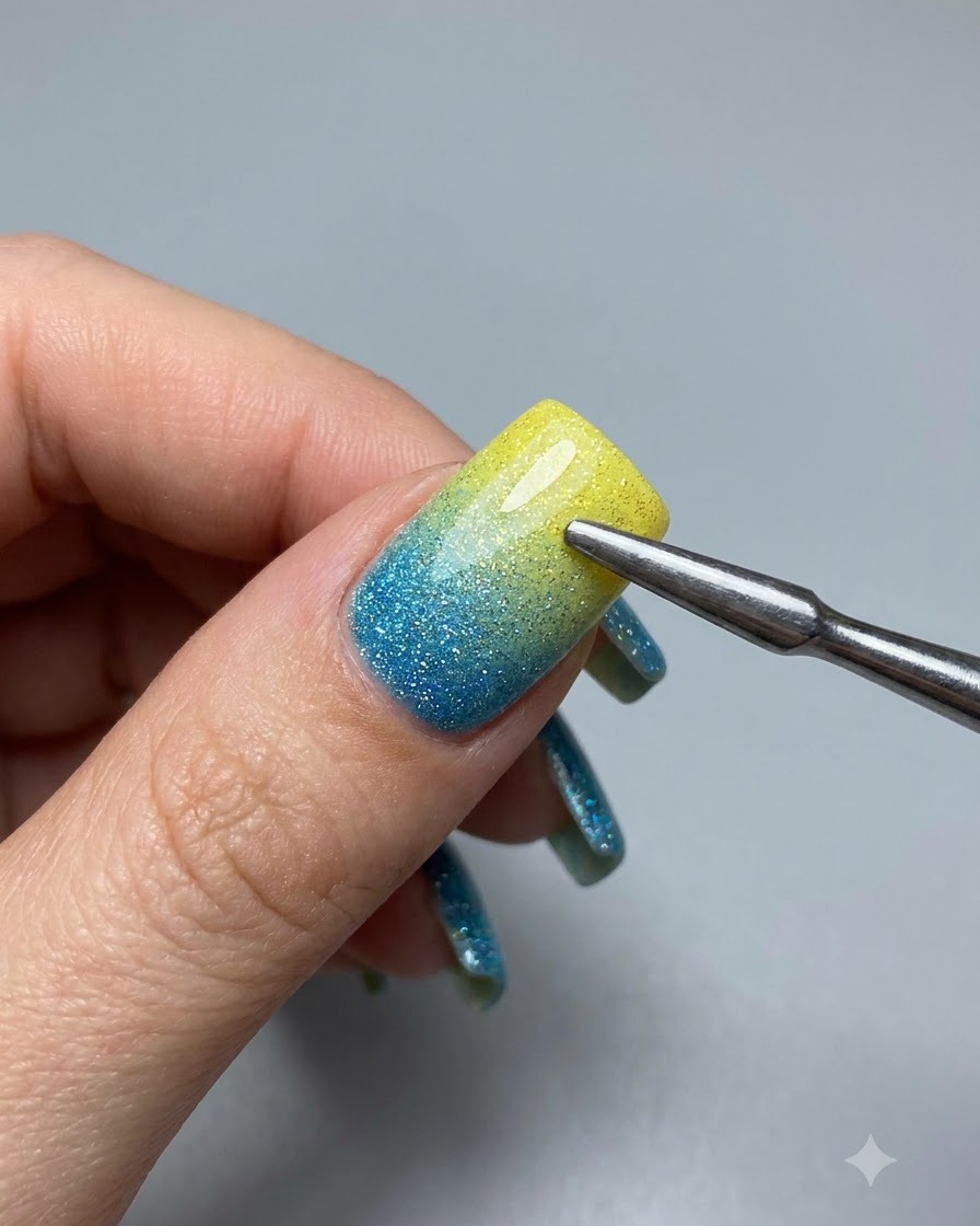 Un outil métallique doté dun aimant en perle de verre tenu de près au-dessus dun ongle en gel scintillant.