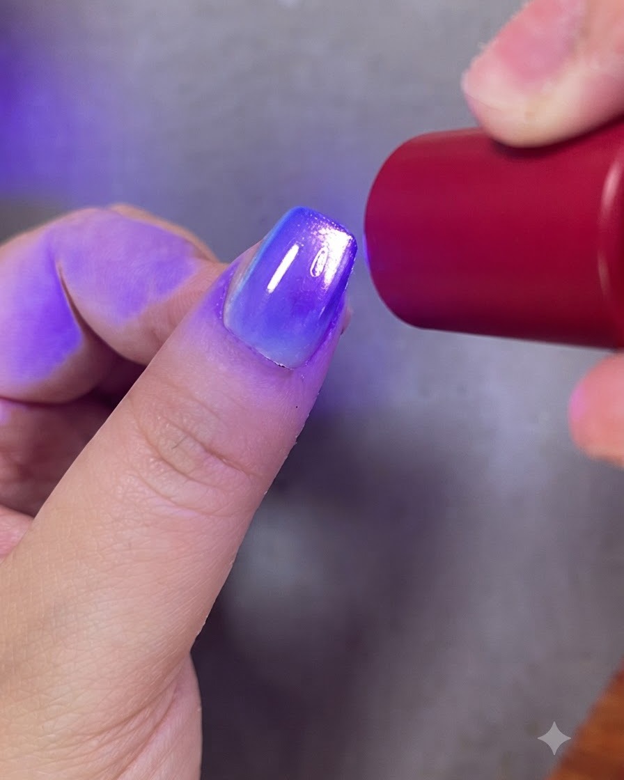 Un pinceau à ongle appliquant un top coat transparent sur un design dongle fini en dégradé et cat eye.