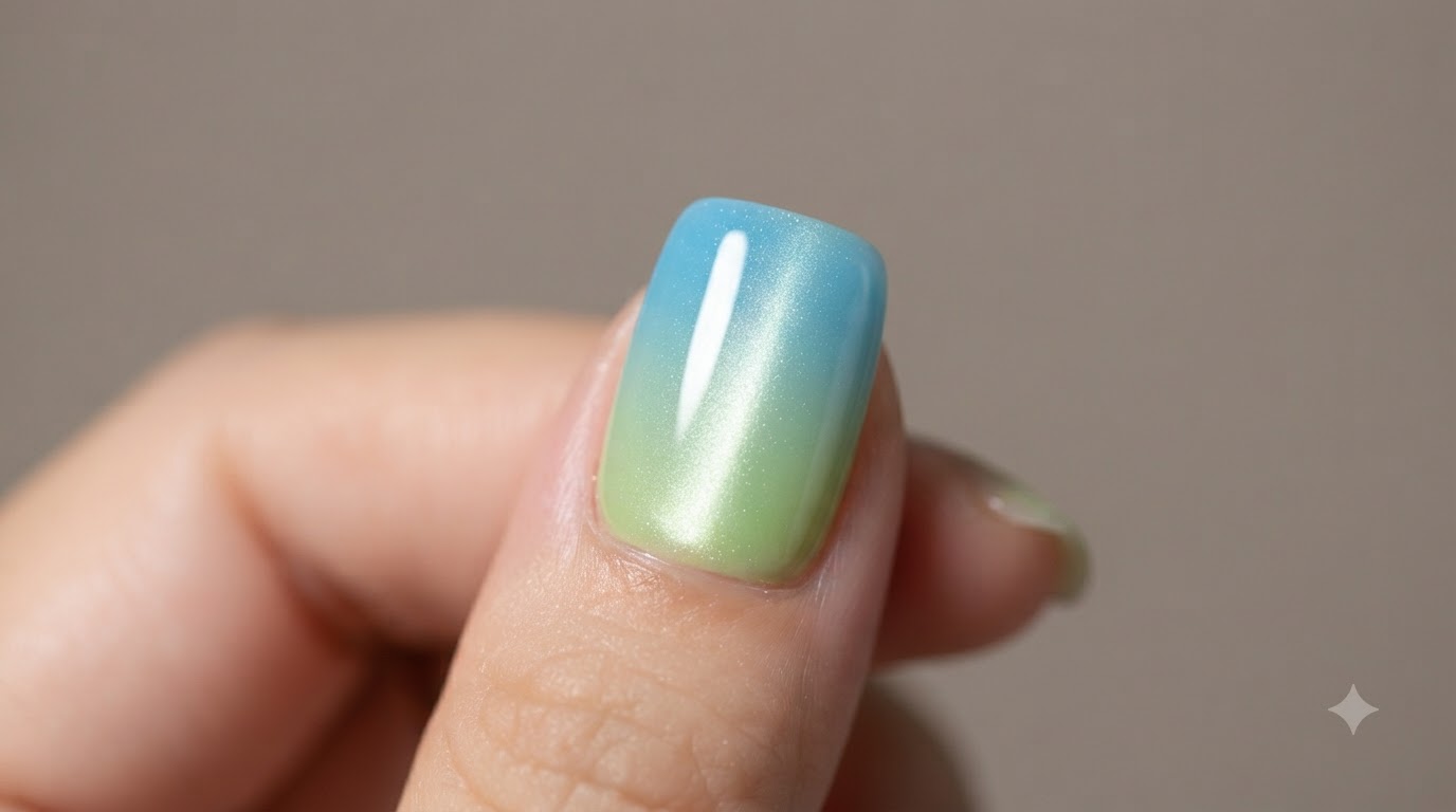 Ongles en Gel Dégradés Bleu et Vert avec Effet Cat Eye Magnétique — Tutoriel Étape par Étape