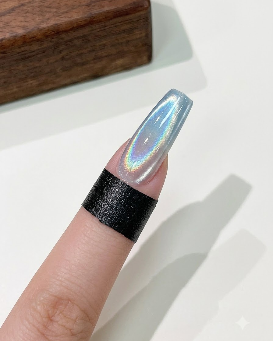 Un long ongle cercueil terminé présentant une bande lumineuse holographique cat eye vibrante sur un fond dégradé.