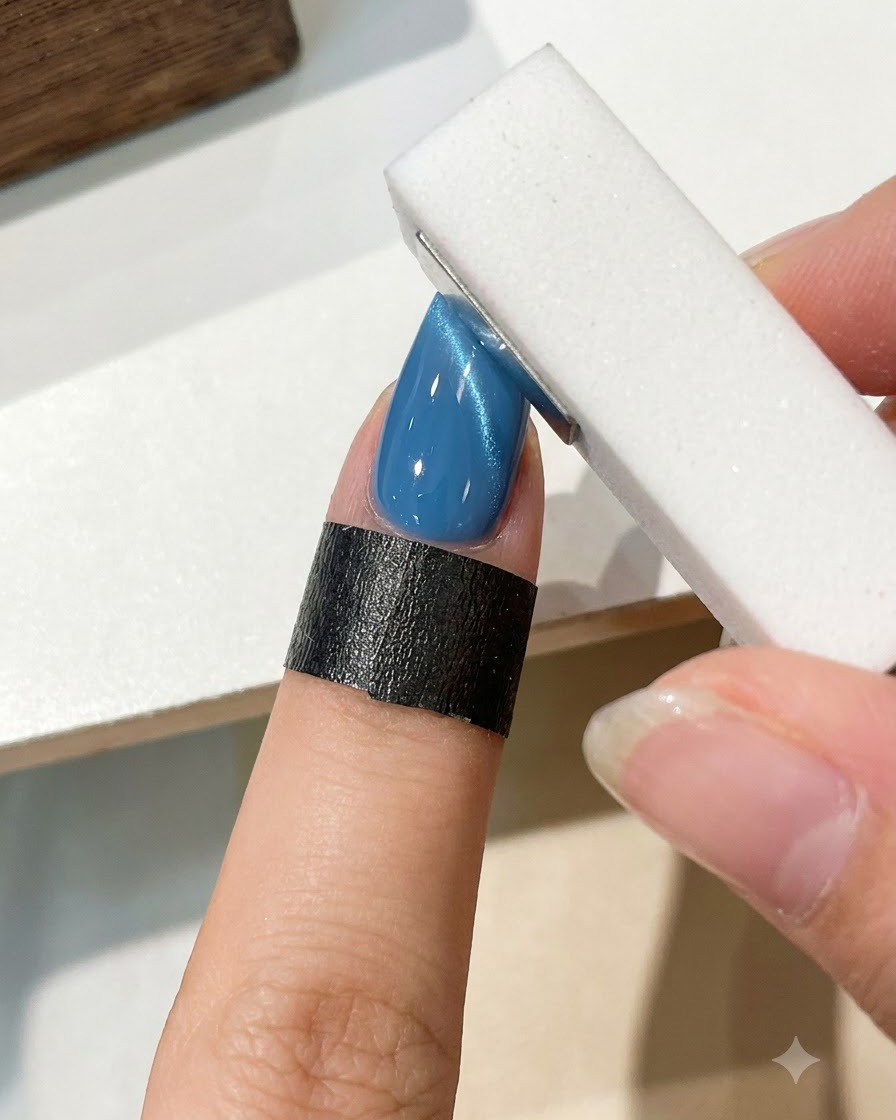 Un pinceau appliquant un top coat transparent et brillant sur un ongle cat eye bleu.