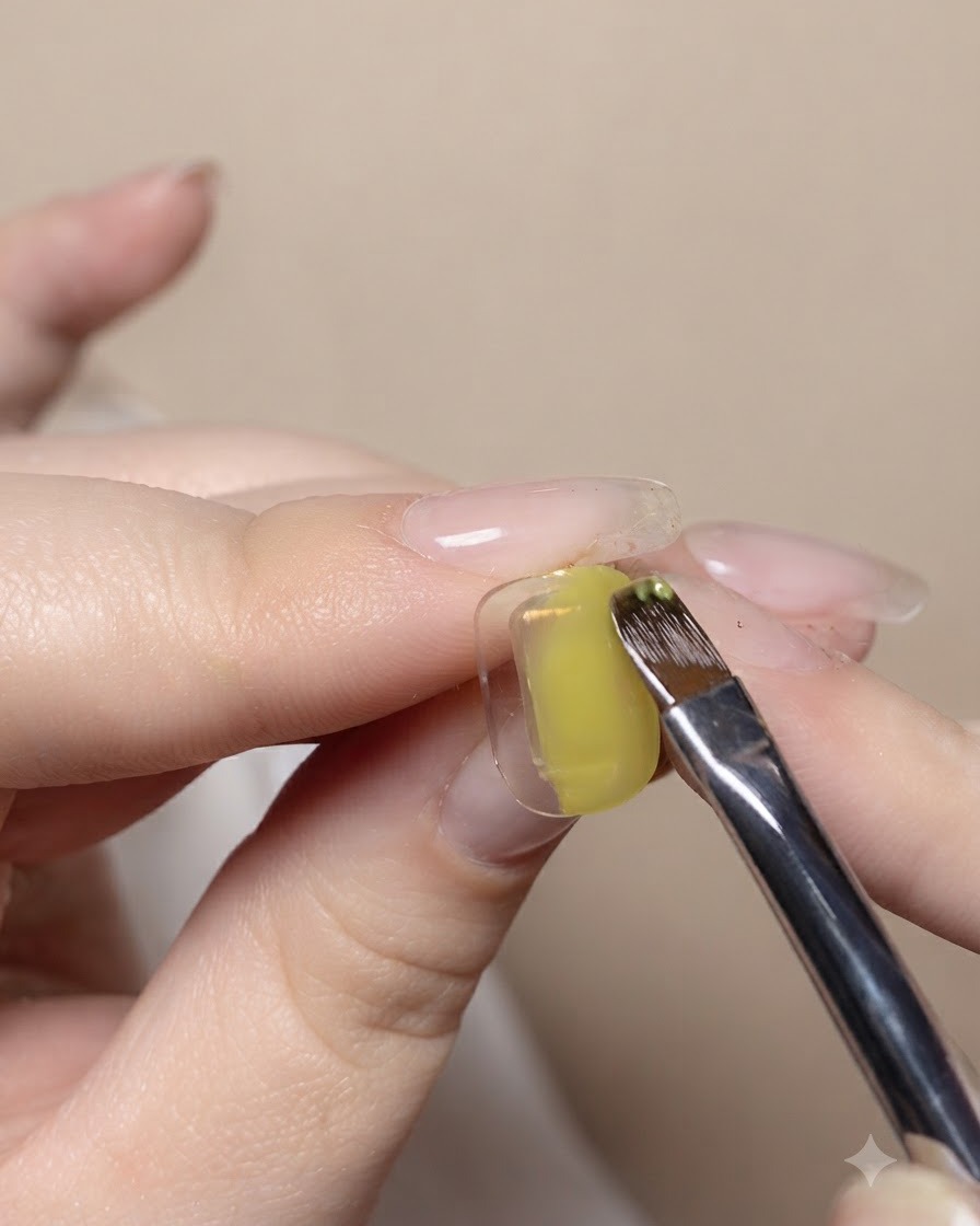 Un pinceau de détail appliquant des gels solides vert et bleu sur les côtés opposés dun ongle.