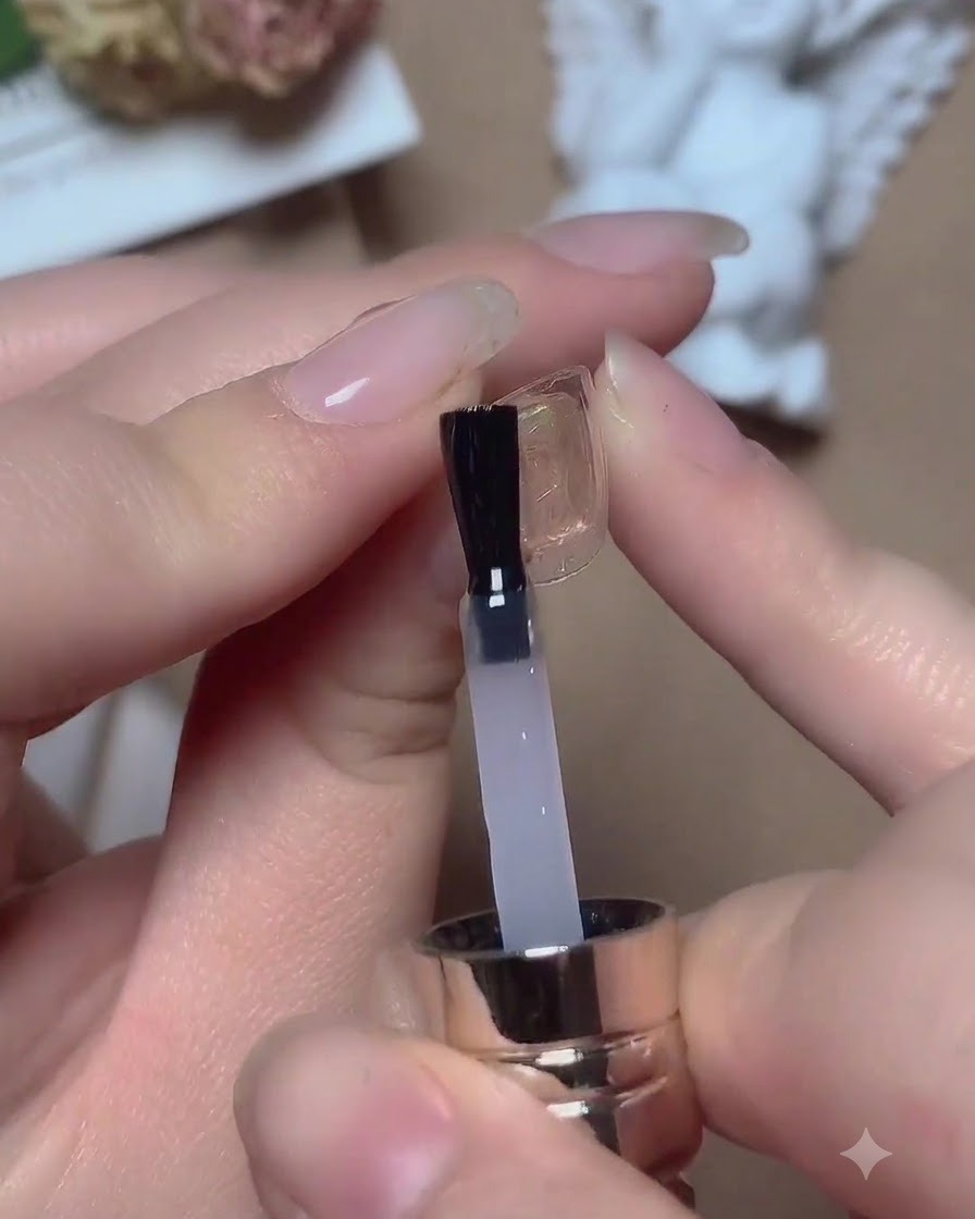 Un pinceau appliquant une base transparente sur un ongle naturel en vue macro.