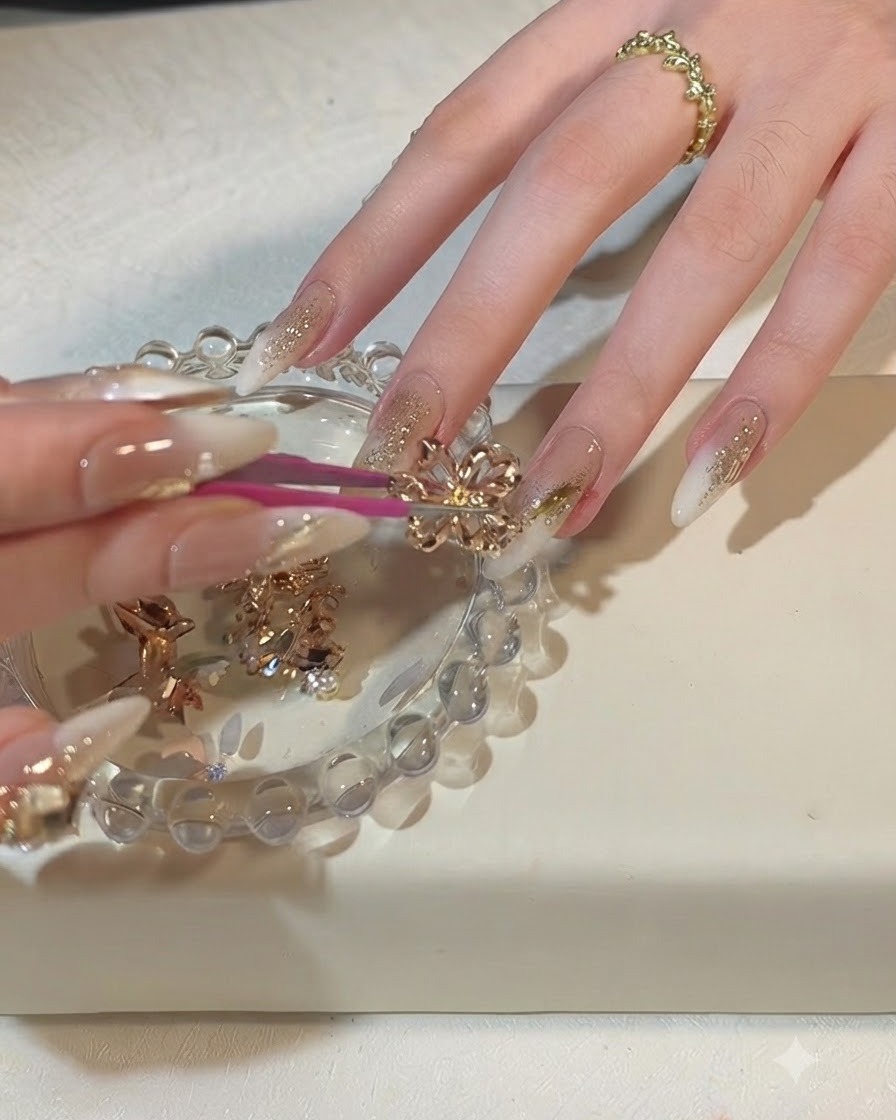 Gros plan dune pince à épiler rose plaçant une grosse pierre précieuse en cristal scintillant sur un ongle décoré.