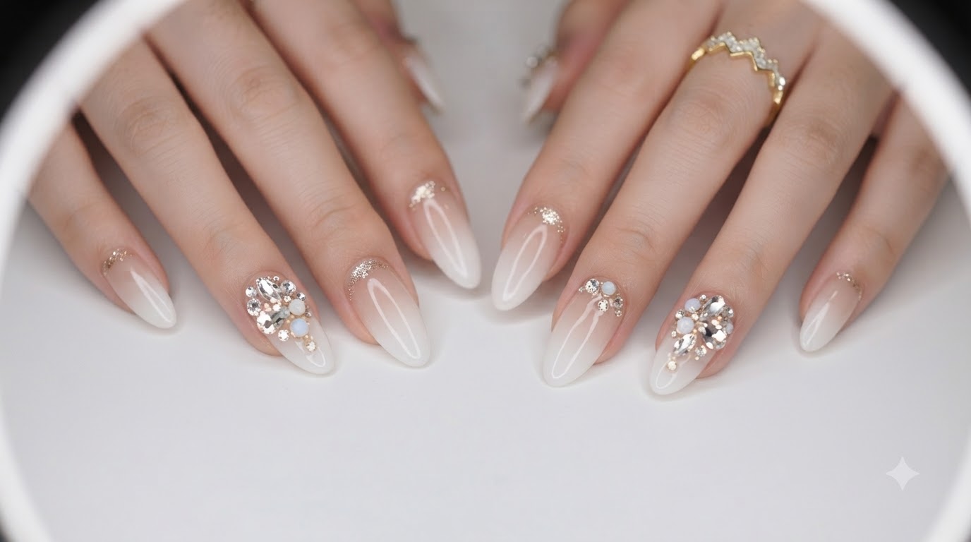 Ongles Ombrés Blanc Laiteux et Strass Or Champagne — Tutoriel Étape par Étape