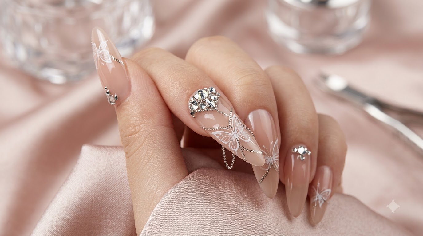 Ongles Gel Amande Longs Nude avec Papillons et Strass