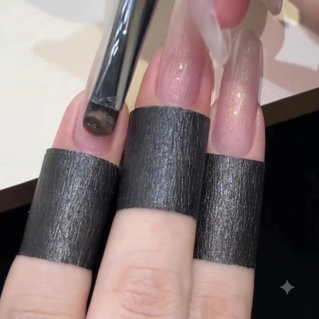 Un pinceau à gel appliquant une couche lisse et uniforme de vernis cat-eye rose transparent sur une extension dongle longue et transparente.
