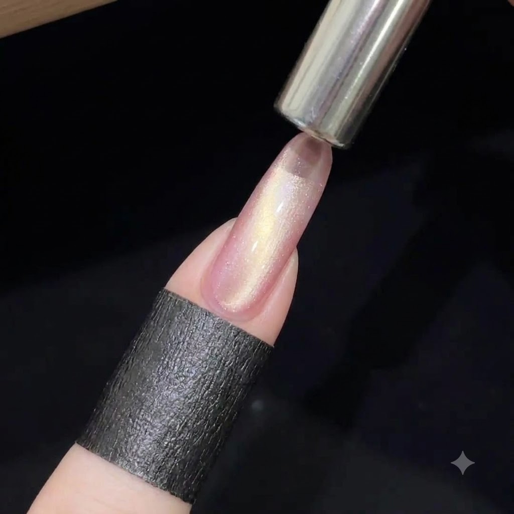 Un aimant cylindrique tenu près dun ongle en gel cat-eye rose pour créer une large bande de lumière scintillante.