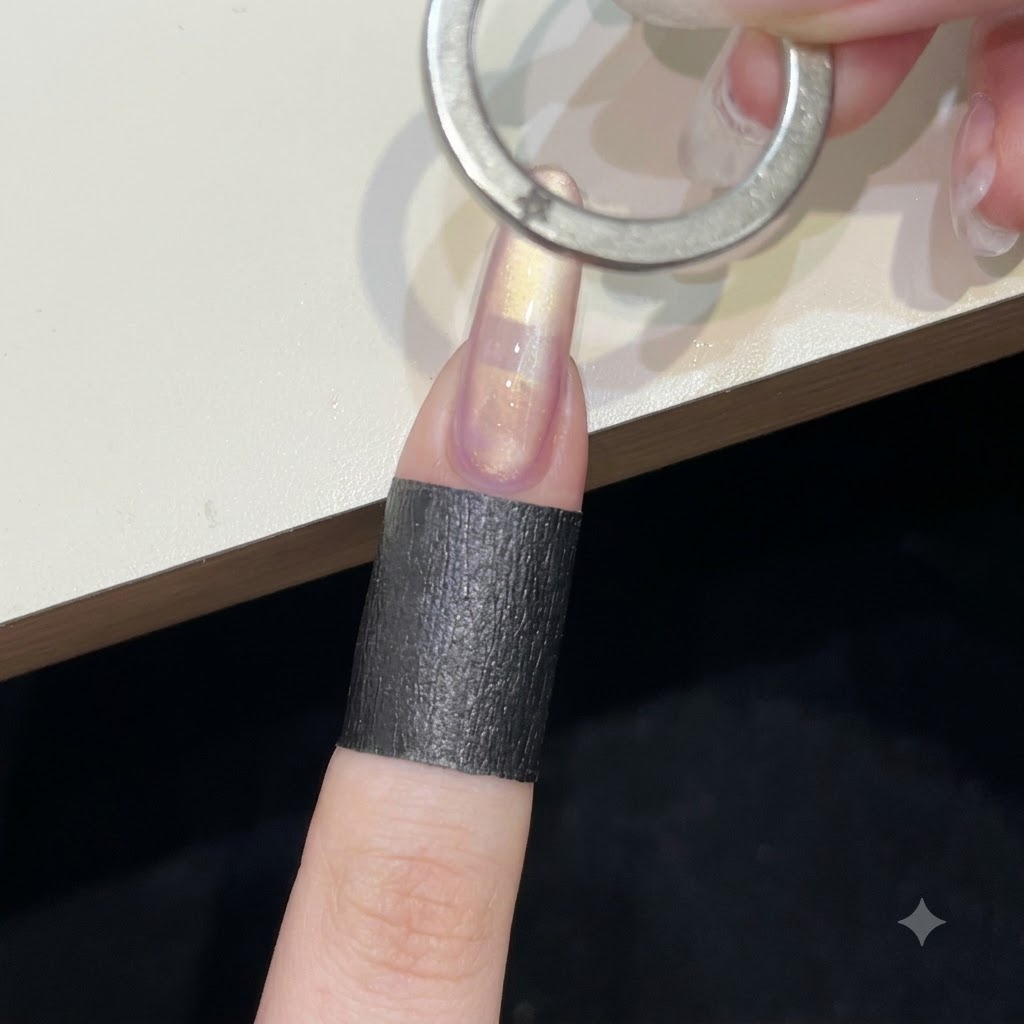 Maintien dun aimant circulaire en anneau horizontalement au-dessus du gel cat-eye humide pour créer un motif de ruban magnétique tourbillonnant.