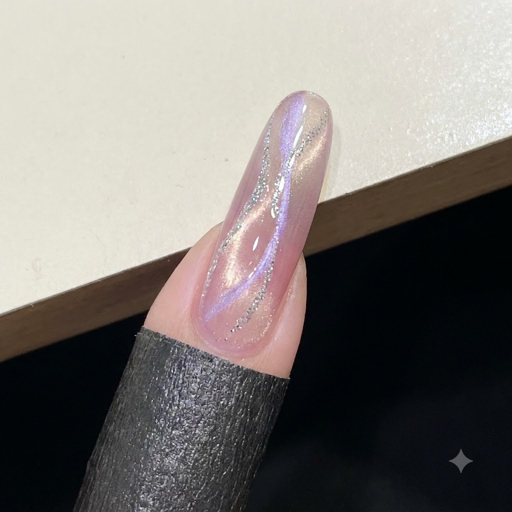 Vue rapprochée dun ongle rose scintillant recouvert dun gel de construction transparent non catalysé.