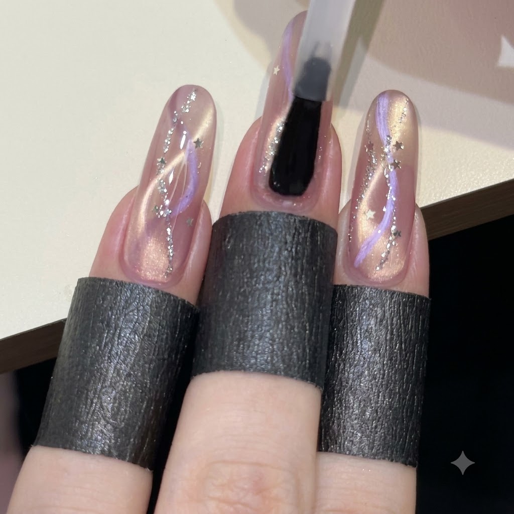 Un pinceau appliquant une couche de top coat brillant et transparent sur un ongle rose effet ruban cat-eye avec paillettes et étoiles.