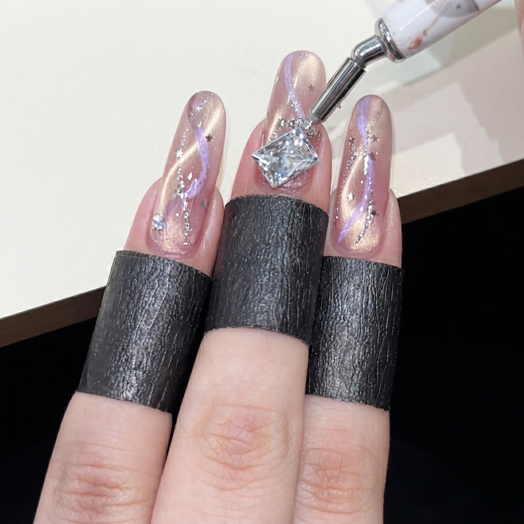 Un stylo à cire plaquant un grand strass transparent en forme de diamant près de la cuticule dun ongle cat-eye rose décoré.