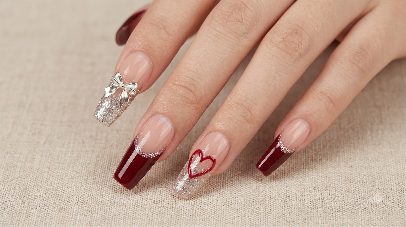 Nail Art French Asymétrique Bordeaux et Cœurs — Tutoriel Étape par Étape